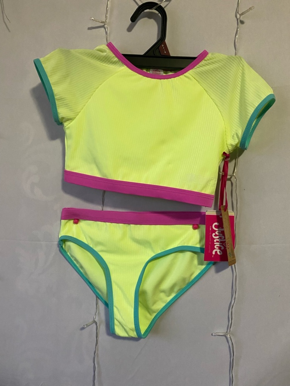 Justice Neon Yellow Girls' Swim Bikini with Pink and Teal Trim